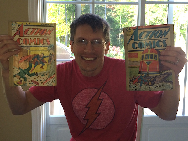 My business partner, Sean Goodrich, with our discovery copies of Action Comics #7 and #13