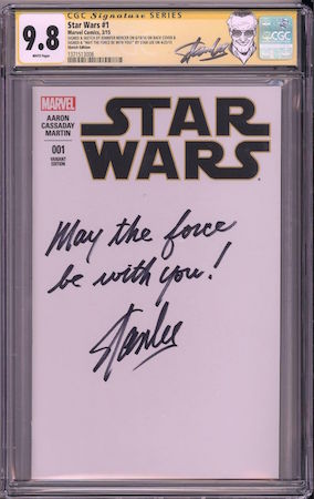 Star Wars #1 (2015) Sketch Edition  Last sale of THE EXACT SAME BOOK, March 2018: $3,500 (already massively too expensive in my
opinion -- Stan Lee didn't even CREATE Star Wars!!!)   Asking price the day after Stan Lee's passing: $7,500