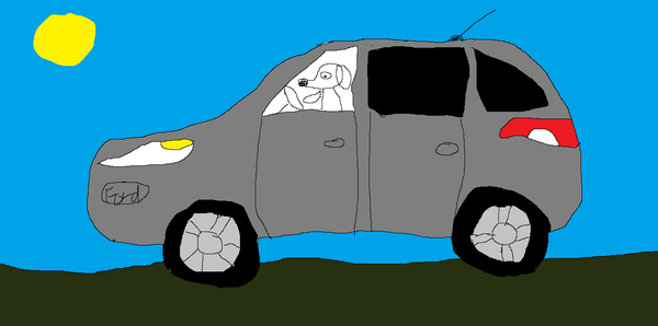 A drawing of a dog driving a Ford Escape.