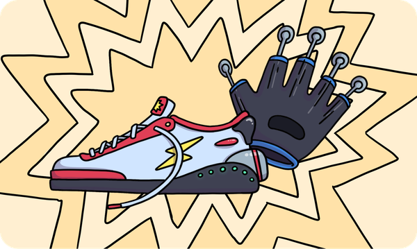A shoe with a rocket engine on the left and a glove with exoskeleton fingers on the right