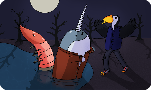 Wereshrimp and a werenarwhal in a pond and a weretucan on shore at night.