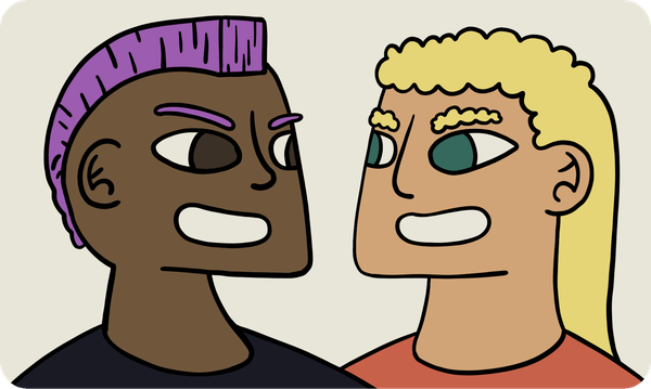 Someone on the left with a purple mohawk and someone on the right with a mullet.