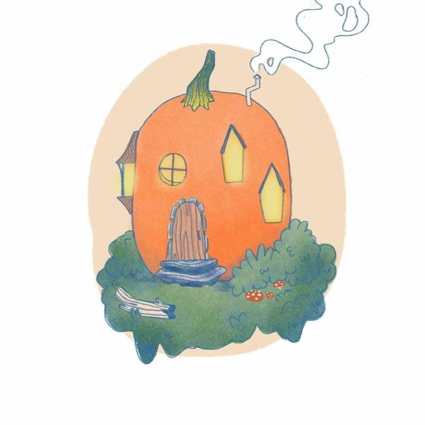 A charming pumpkin house with smoke coming out of the chimney.