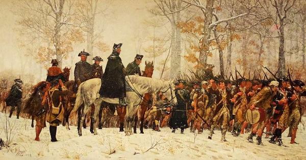 Washington's army marching to Valley Forge in winter