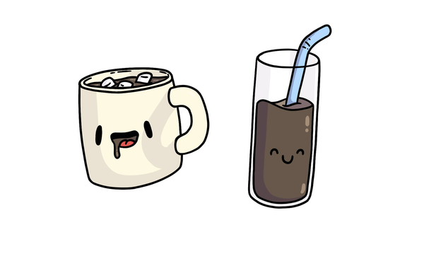 A smiling mug of hot chocolate on the left and a happy glass of chocolate milk on the right.