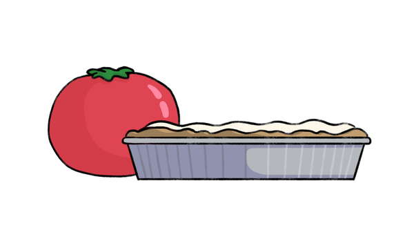 A juicy, red tomato sitting next to a coconut cream pie.