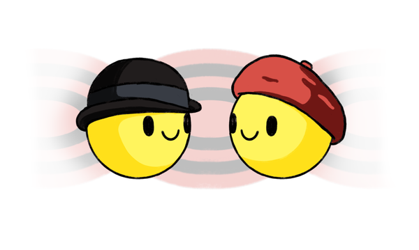A little face with a bowler derby on the left and one with a red beret on the right.