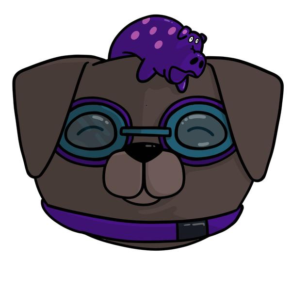 A chocolate lab with a rubber pig on its head, goggles on its eyes, and a purple collar
