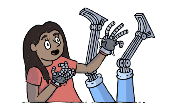 A person with robotic hands on the left and another with robotic legs on the right