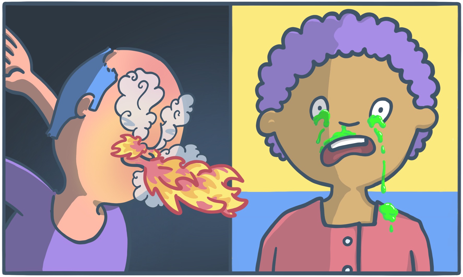 A man sneezing fire next to a woman crying slime.