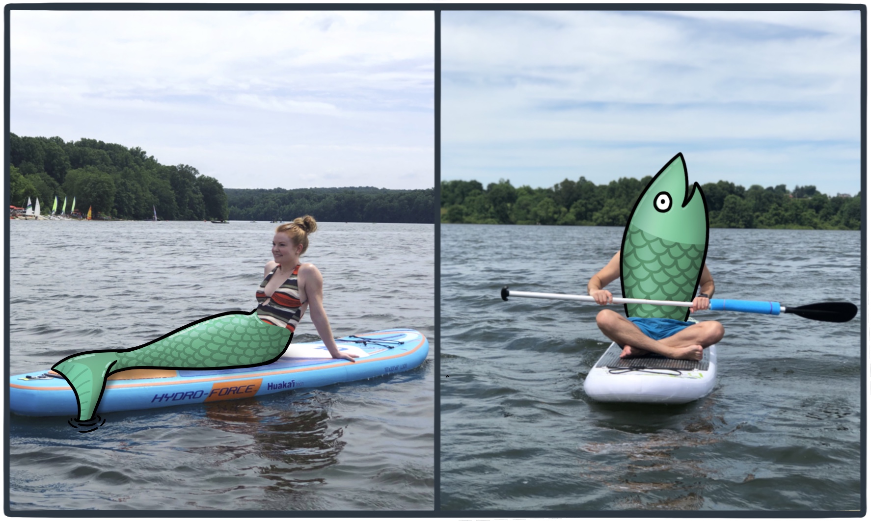 A woman with a fish tail on one side and a man with a fish head on the other