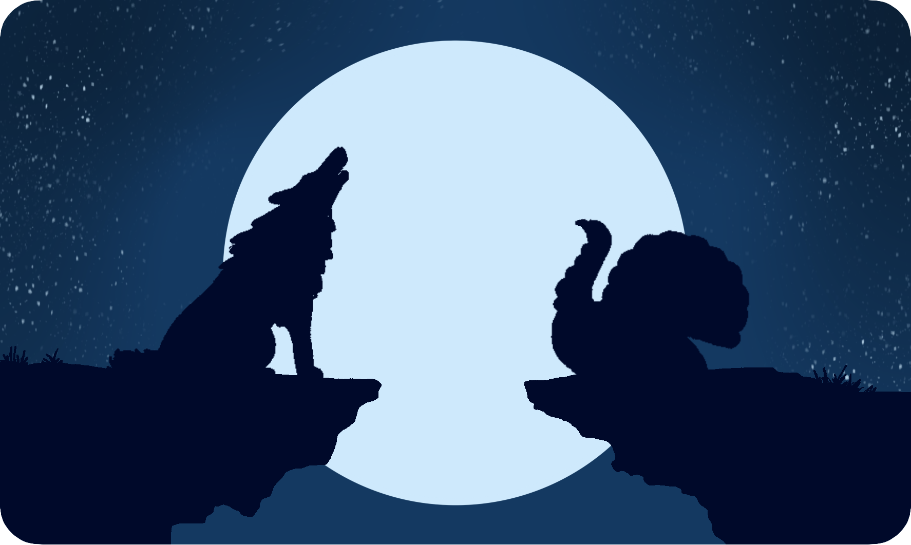 A howling wolf on the left, a howling turkey on the right, and a big full moon in the background.