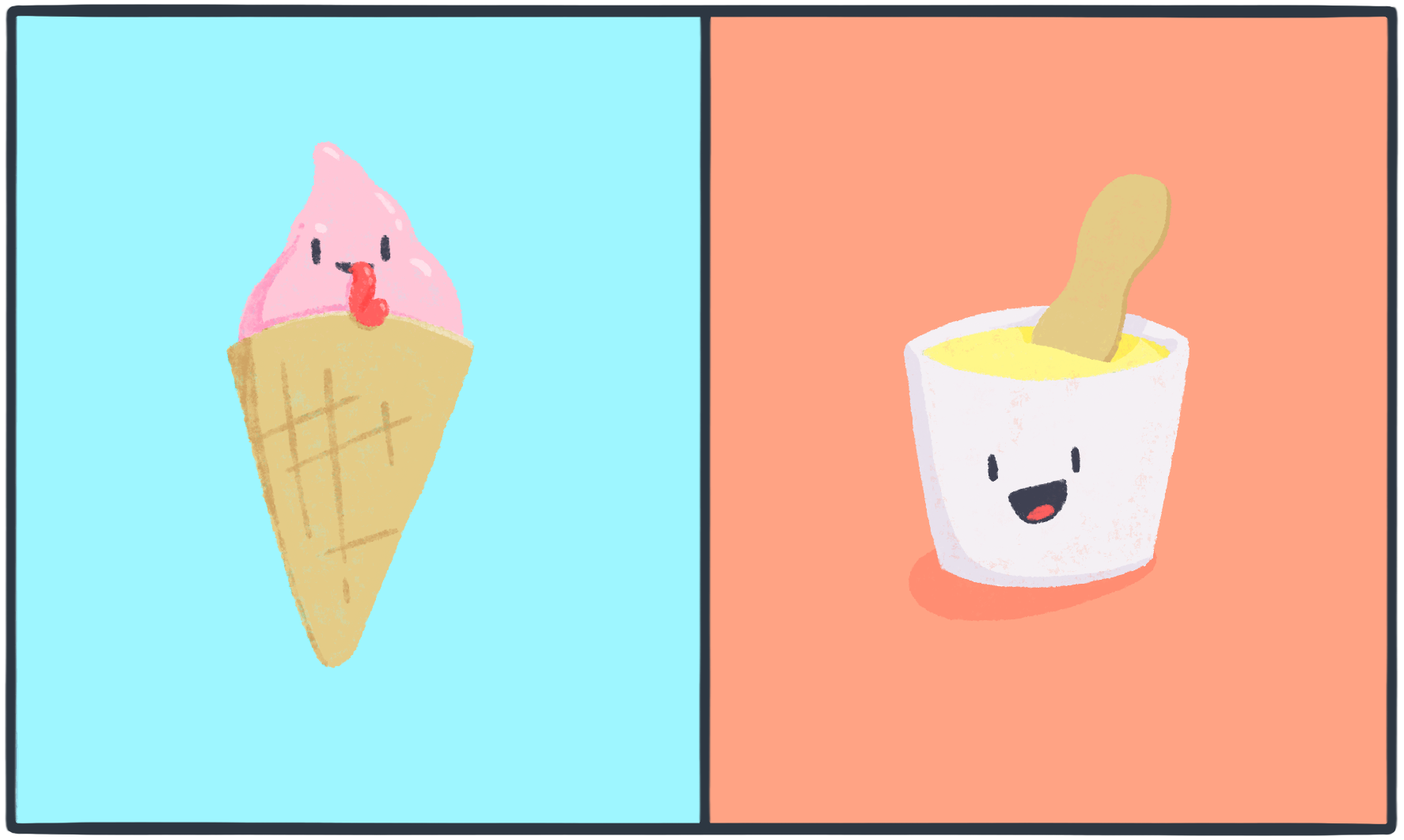 An ice cream cone on the left and an italian ice on the right