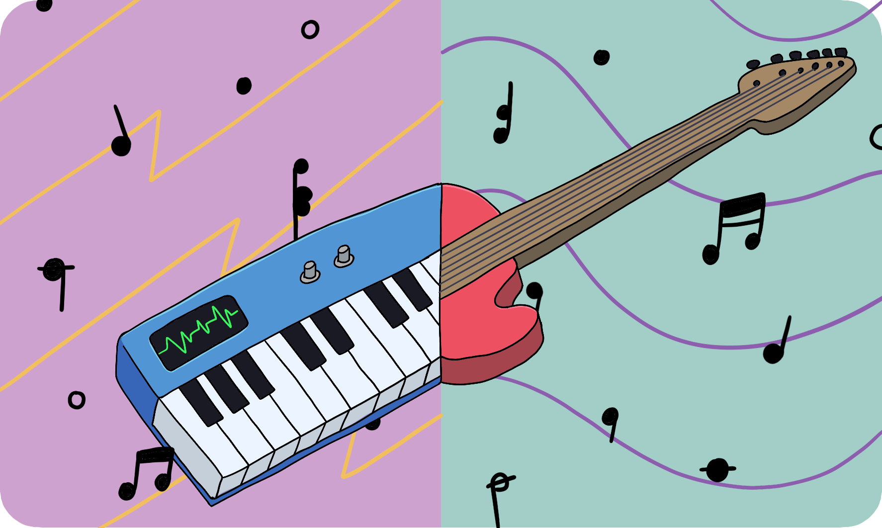A keytar on the left and a guitar on the right,