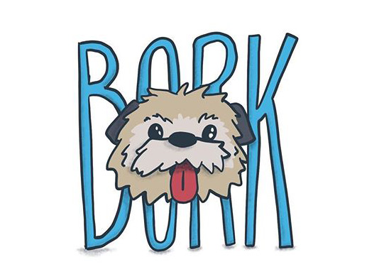An illustration of a dog face in front of the word "Bork"
