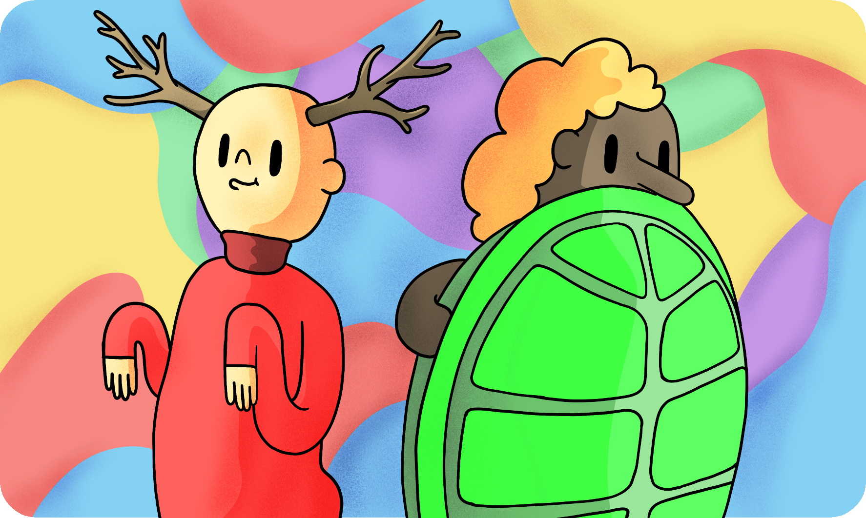 Someone with antlers on the left and someone with a turtle shell on the right.