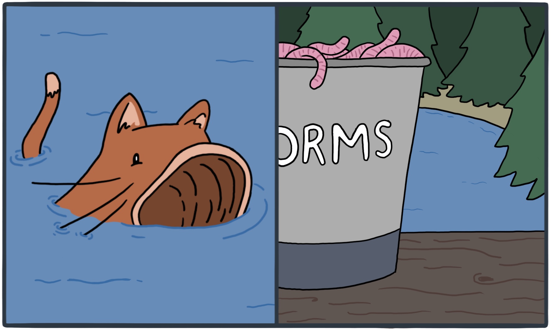 A catfish (with cat ears on one side) and a bucket of worms on a picnic table on the other.