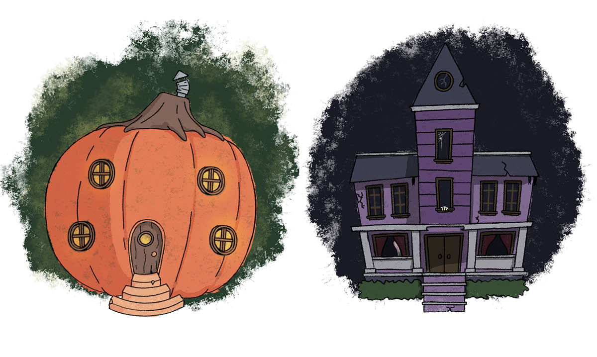 A pumpkin house on the left and a mansion on the right.