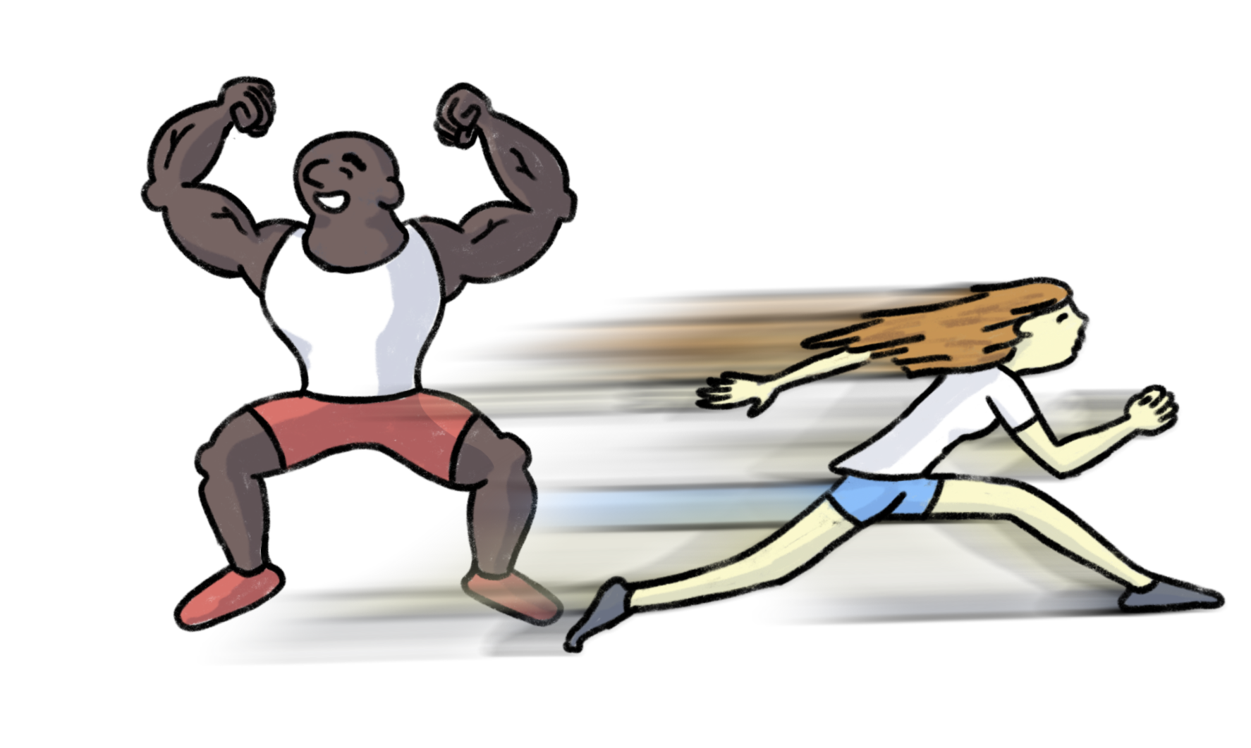A strong person on the left and a fast person zipping by on the right