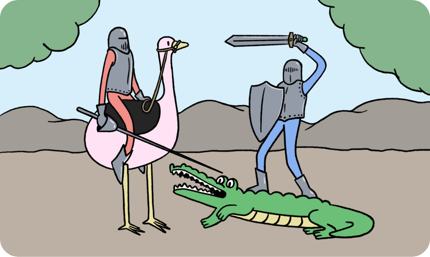 A knight on an ostrich on the left, and a knight riding an alligator like a skateboard on the right.