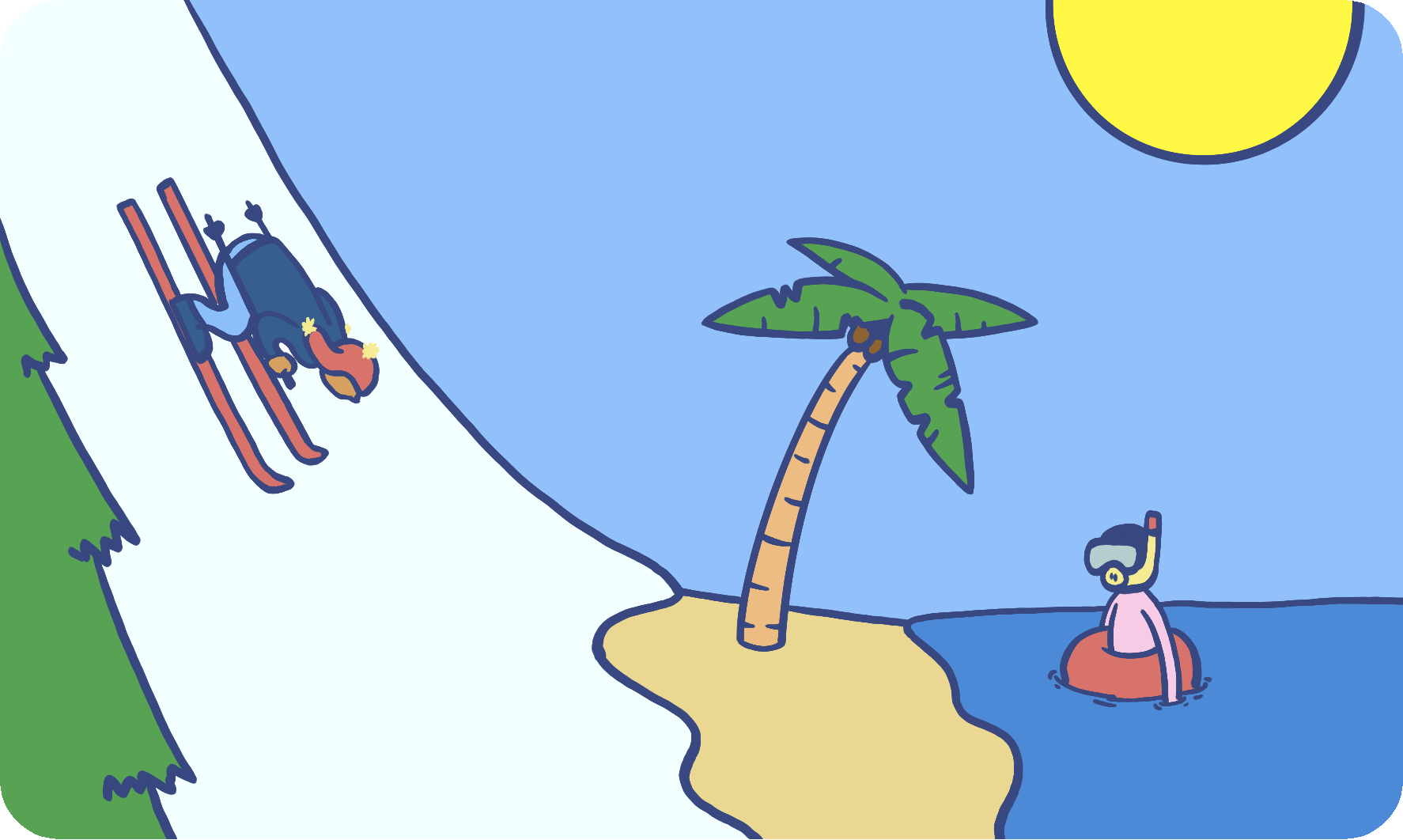 A beaver with a construction helmet, a wrasse fish holding a vacuum, and a homing pigeon with a messenger bag