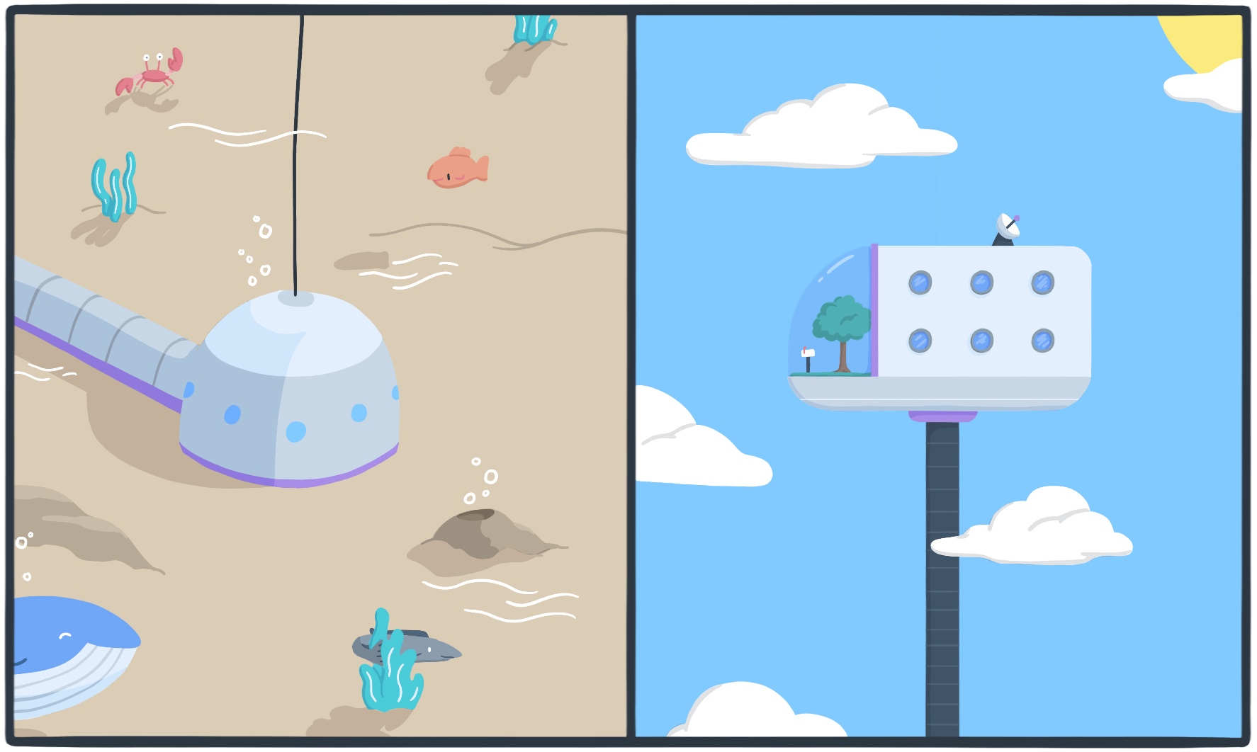 A split screen of an underwater house on one side and a house up in the air on the other.