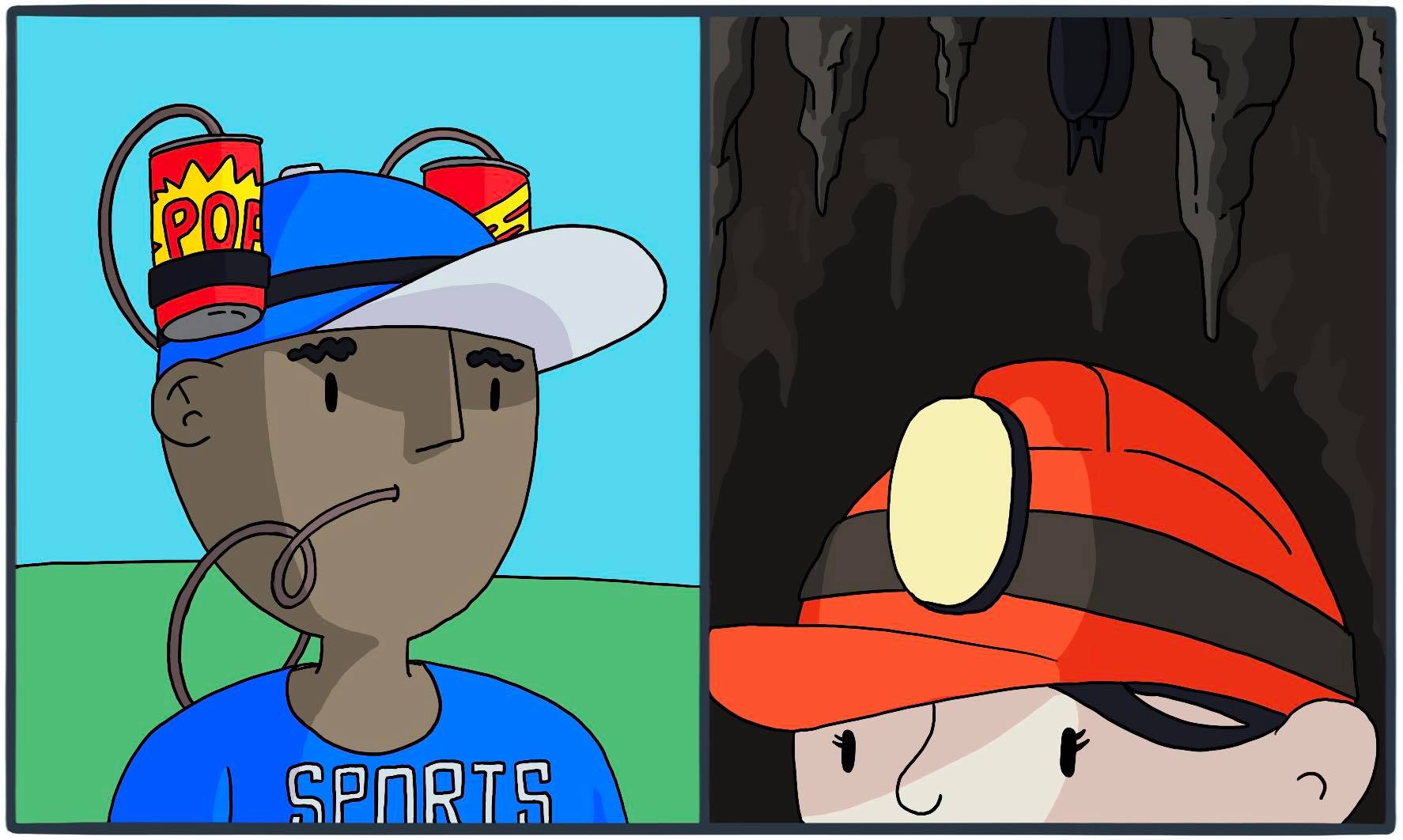 Soda hat on the left and mines cap on the right.