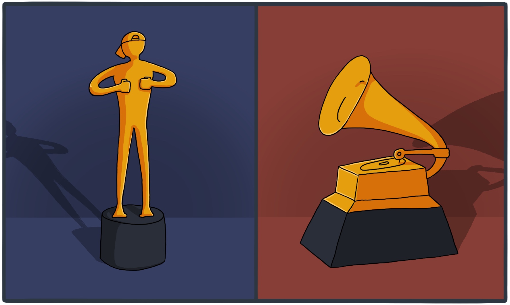 An Oscar on one side and a Grammy on the other.