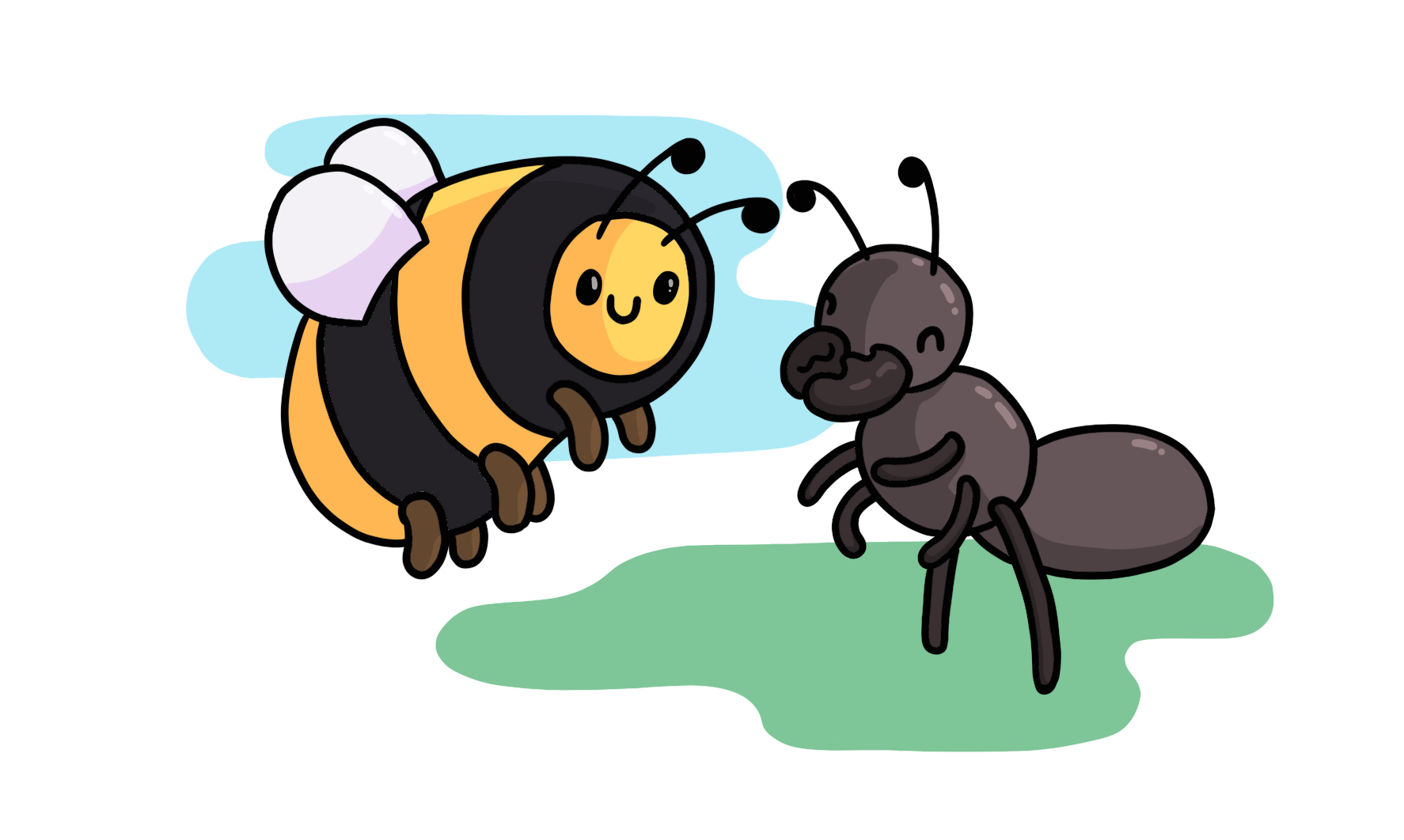A happy bee on the left and a friendly ant on the right