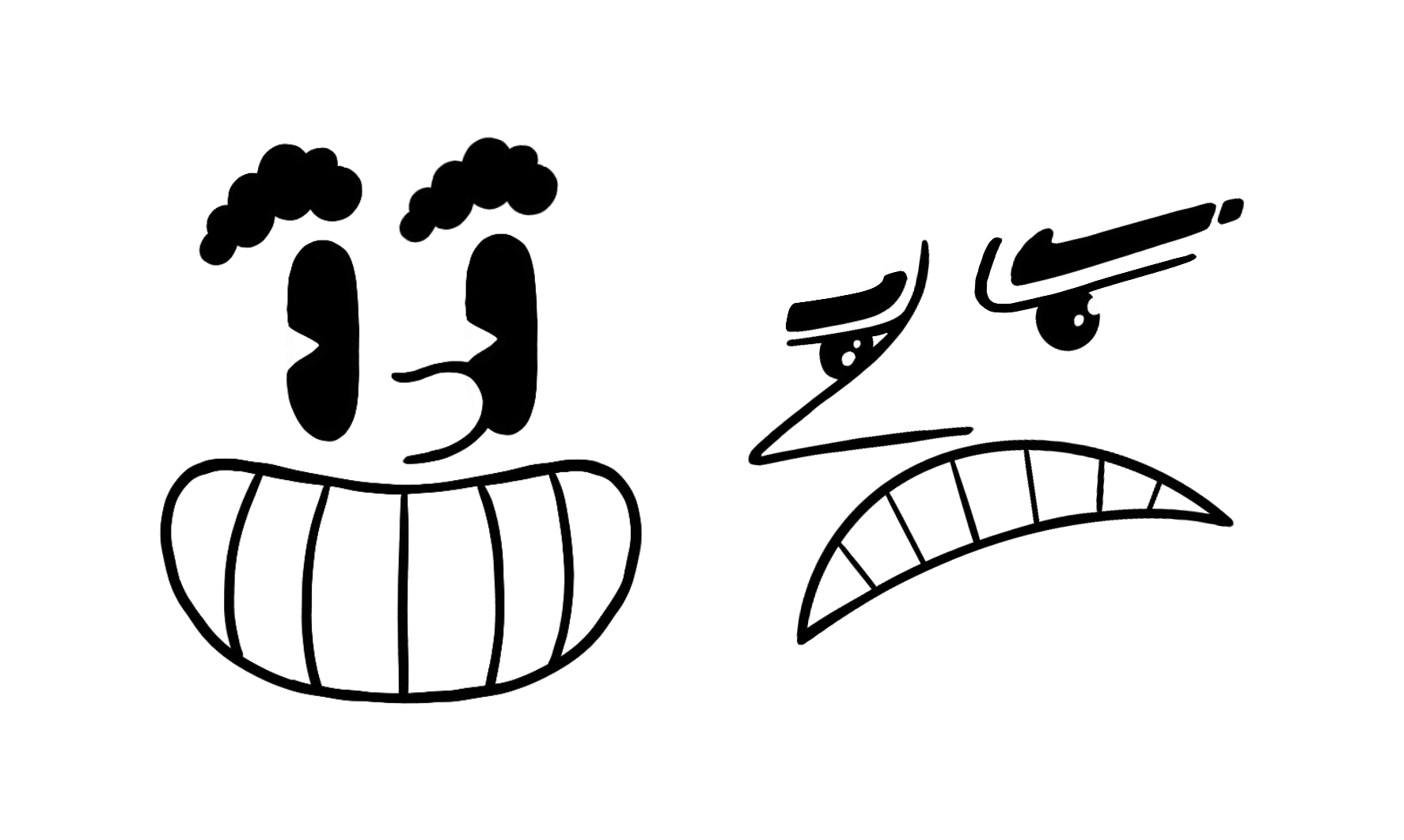 A smiling face on the left and a grim frown on the right.