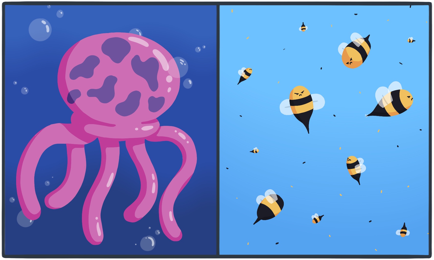 A pink jellyfish on the left and some angry bees on the right
