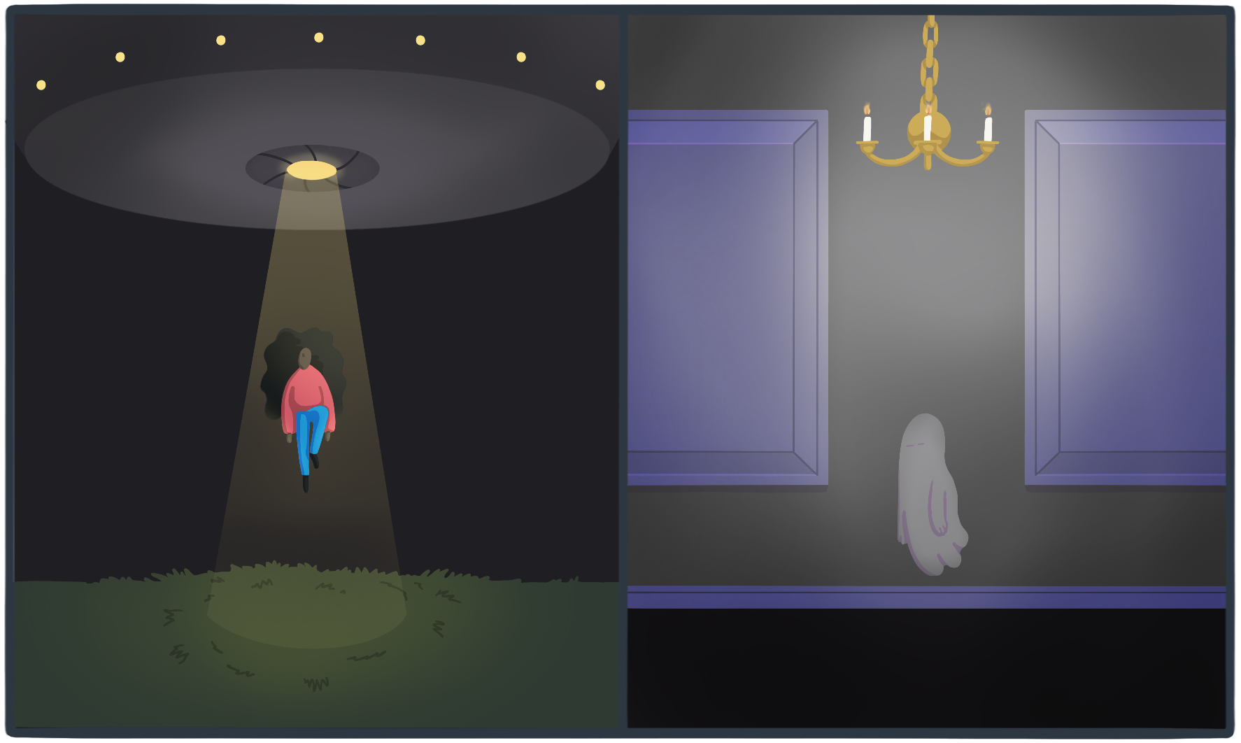 A person being abducted by aliens on the left and a lonely ghost on the right.