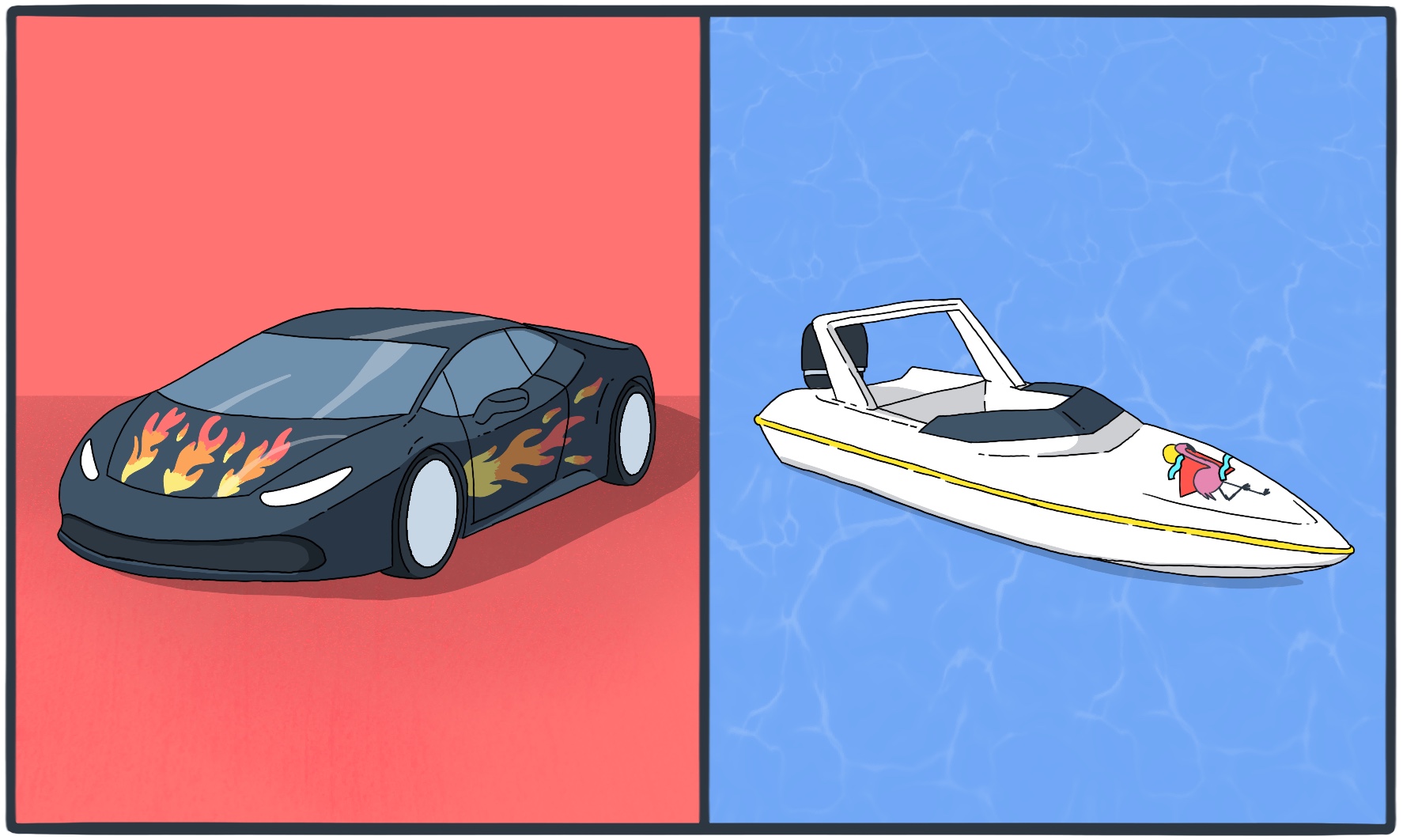 A lamborghini on one side and a speedboat on the other.