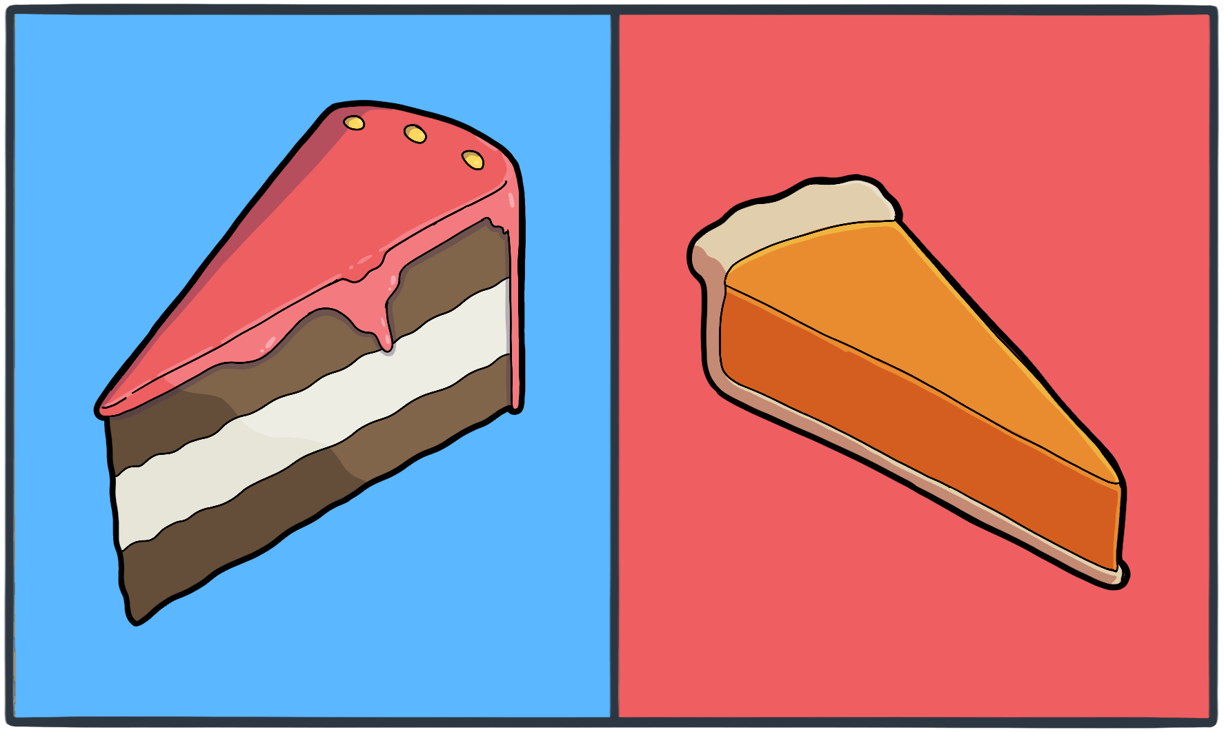 Cake on the left and pie on the right.