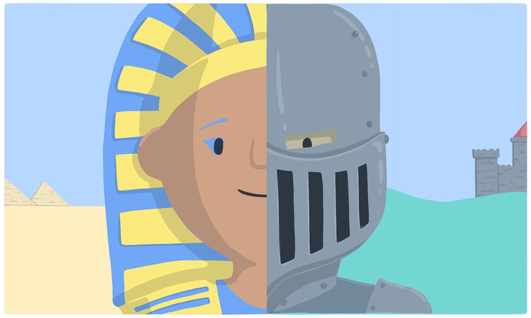 Half of a pharaoh's face and half a knight's face