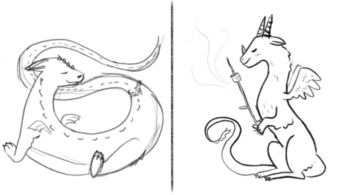 A dragon with its owner sitting on its back and a dragon roasting a marshmello