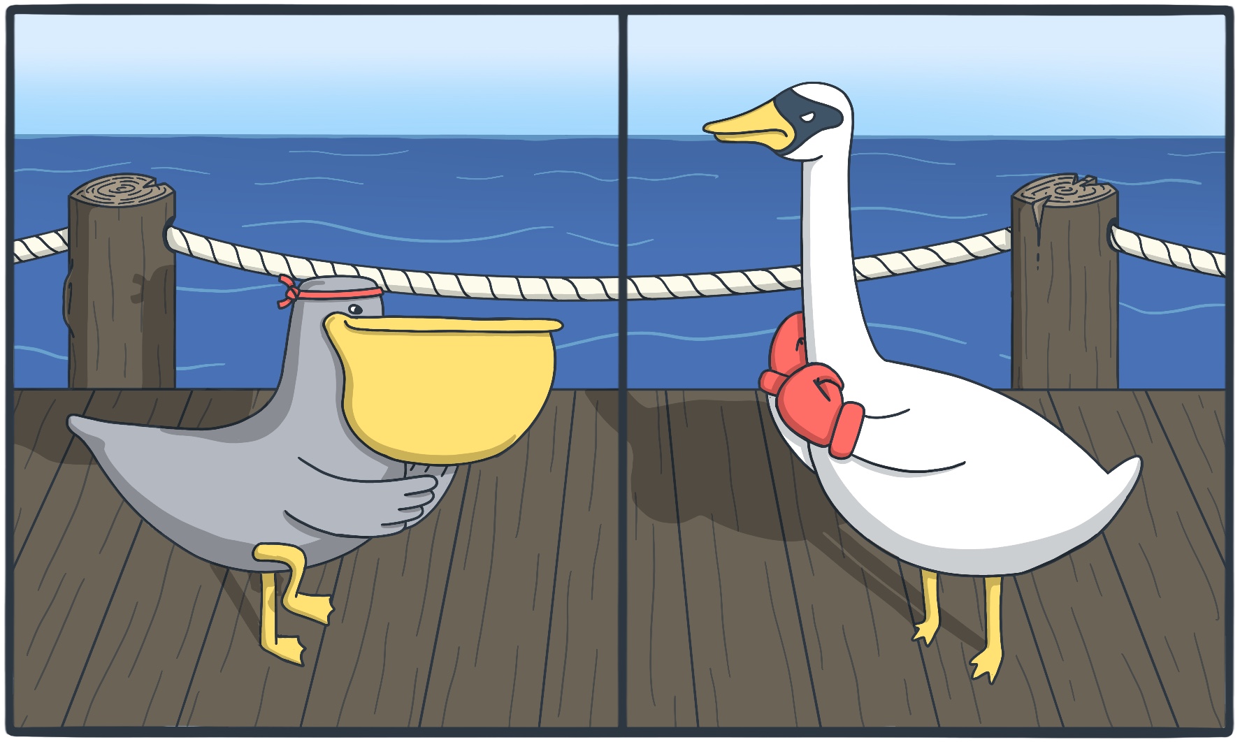 A pelican doing karate on one side and a swan with boxing gloves on the other