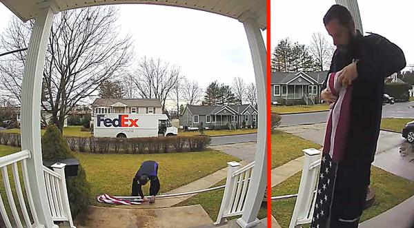FedEx Driver Stops His Truck To Pick Up & Fold A Fallen American Flag