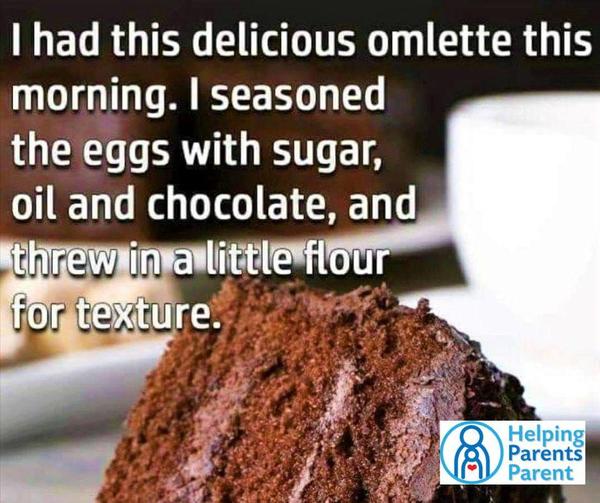 I had this delicious omlette this morning.  I seasoned the eggs with sugar, oil and chocolate, and threw in a little flour for texture. (Image is a big piece of chocolate cake!)