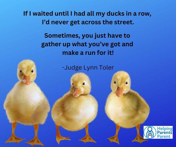 If I waited until I had all my ducks in a row, I'd never get across the street. Sometimes you just have to gather up what you've got and make a run for it! - Judge Lynn Toler (image of 3 cute baby ducks)