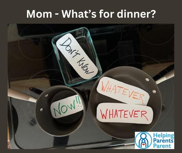 Mom - What's for Dinner? Pots & pans of "Whatever", "Don't Know", and "Now!!" cooking on a stove top.