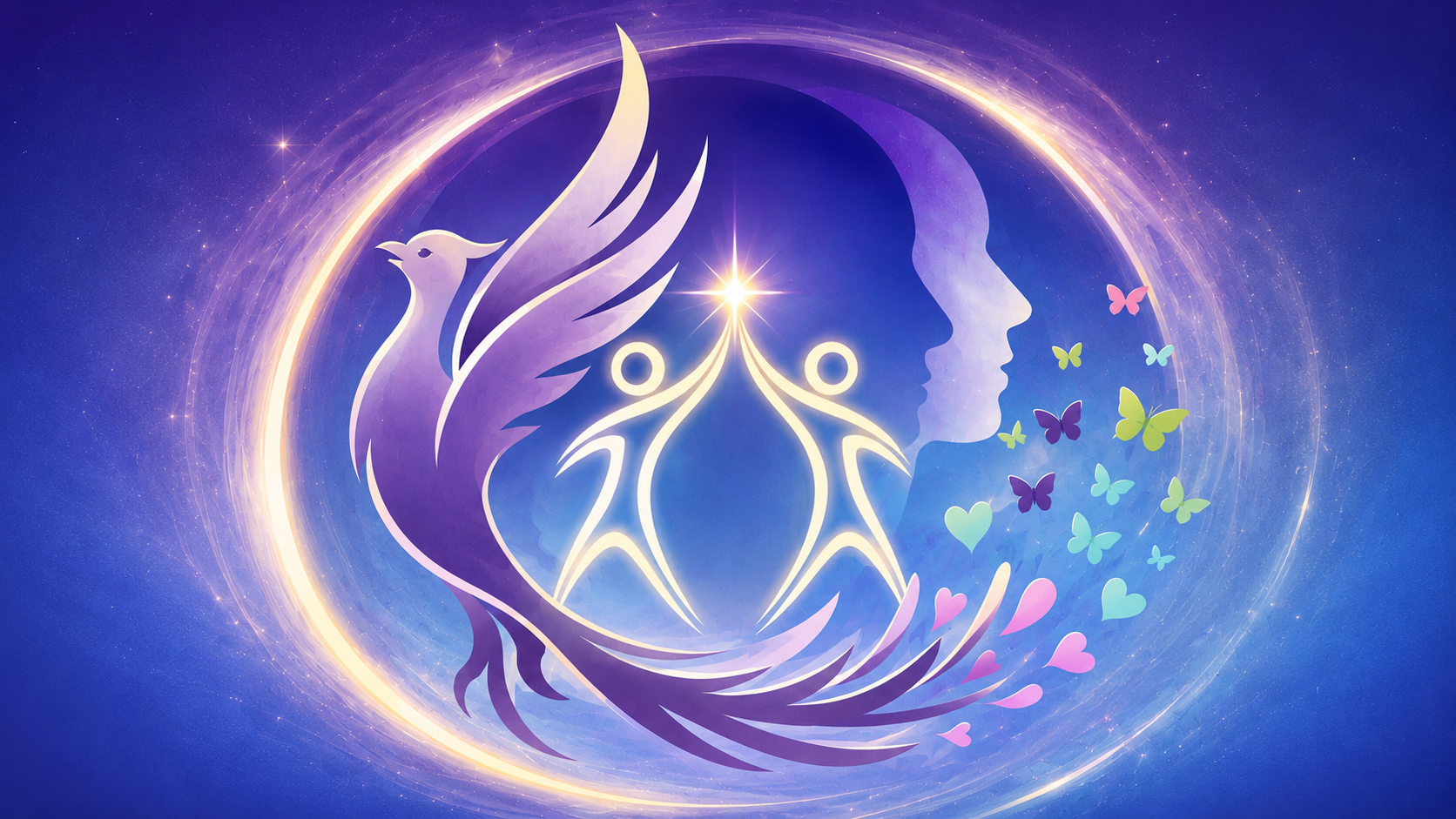The Grounded Practitioner emblem — a rising phoenix, two figures in unison, and a serene profile releasing butterflies