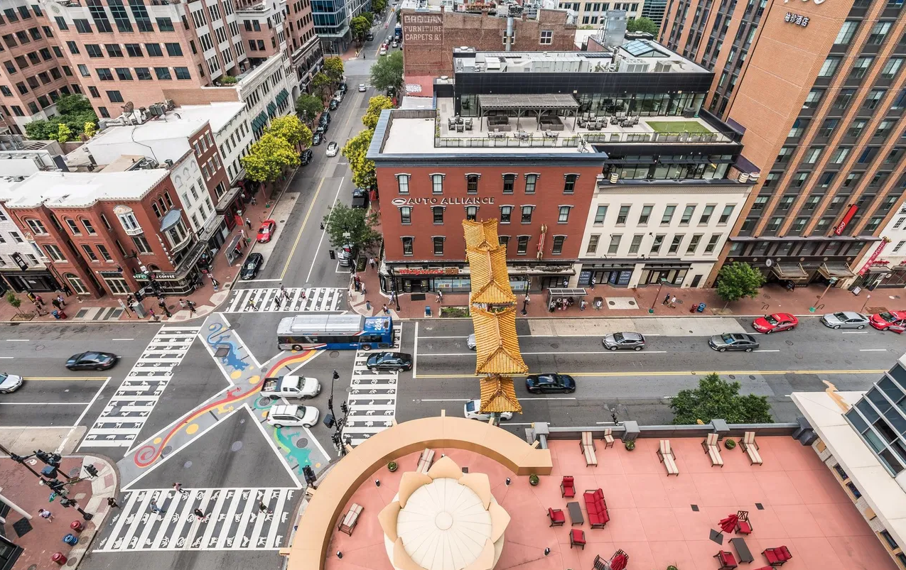 Aerial view of rooftop terrace and Chinatown Friendship Arch