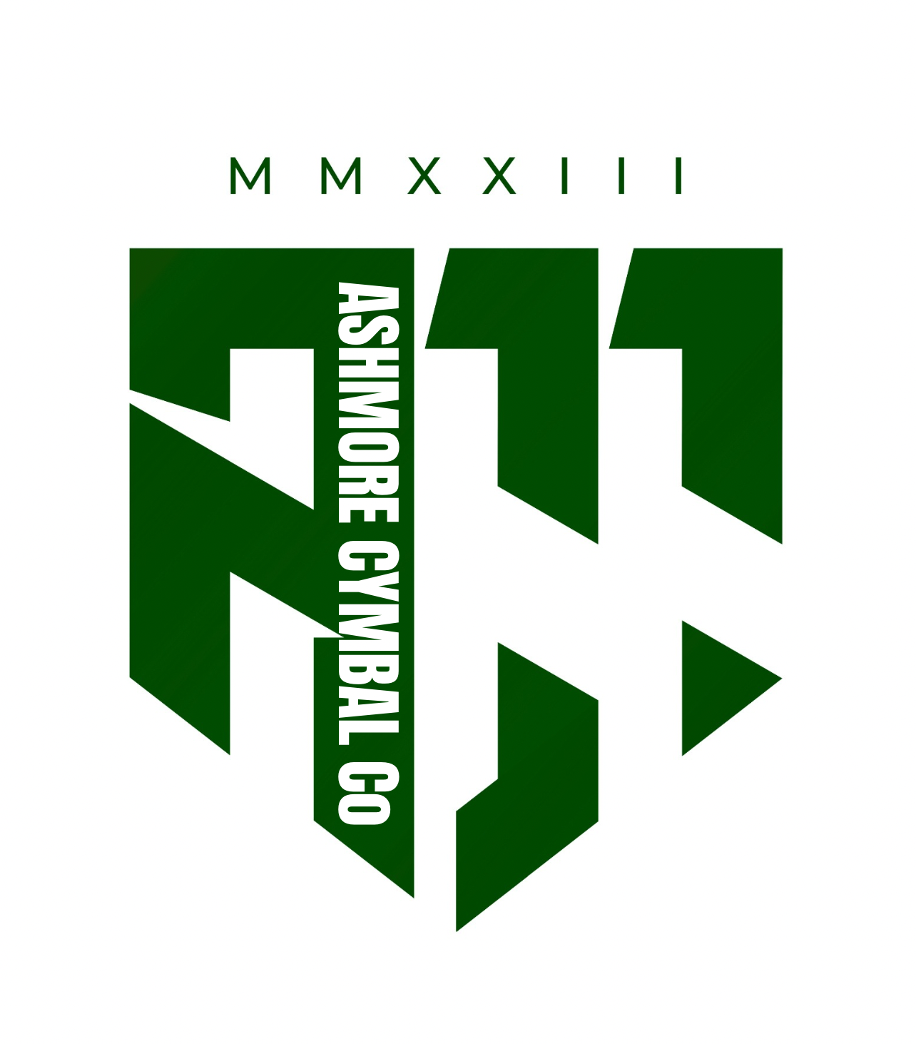 Ashmore Cymbal Co logo — green shield with ASHMORE CYMBAL CO, MMXXIII
