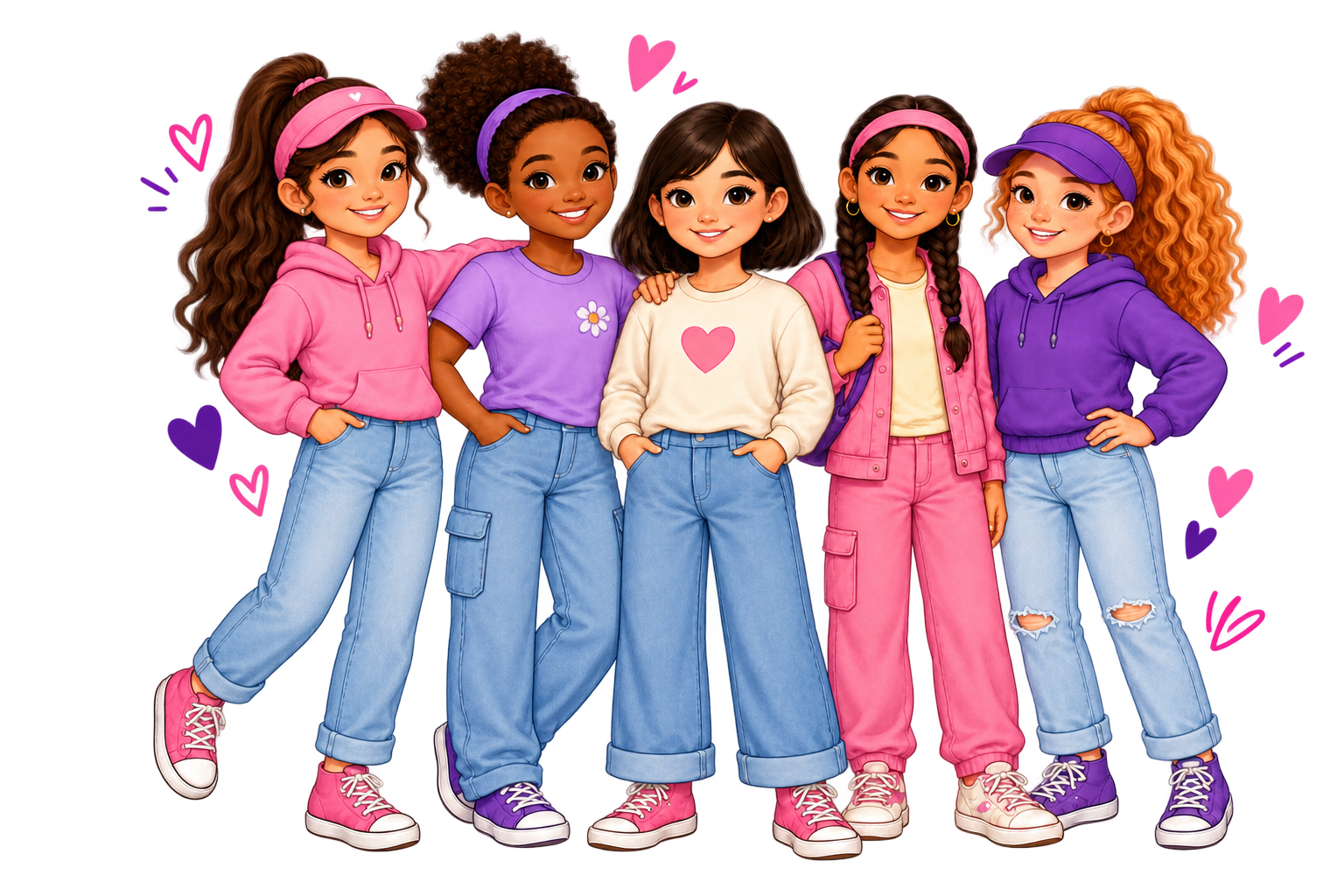 The five official Olive and Kik character girls standing together and smiling with confidence