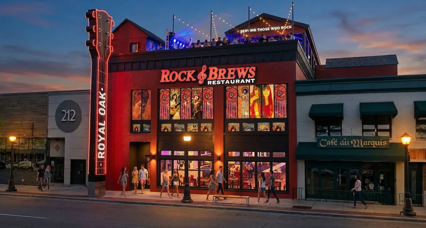 Rock & Brews restaurant lit up at dusk in downtown Royal Oak, Michigan