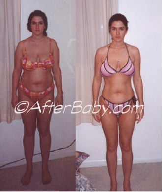 Amber's before and after transformation: 175 lbs on the left, 135 lbs on the right, lost safely while breastfeeding