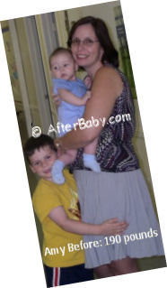Amy before at 190 pounds, holding her baby with her son beside her