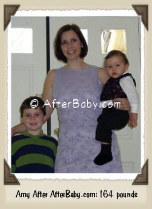 Amy after at 157.5 pounds, standing with her two children