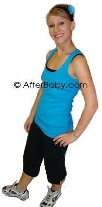 Teresa after, slimmer and smiling in a teal tank, after losing weight while nursing with AfterBaby